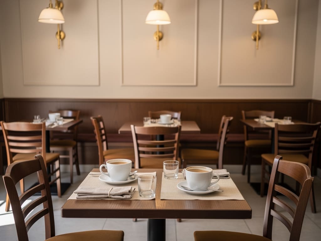 Sala di una caffetteria a Napoli con tavoli apparecchiati e tazzine di espresso